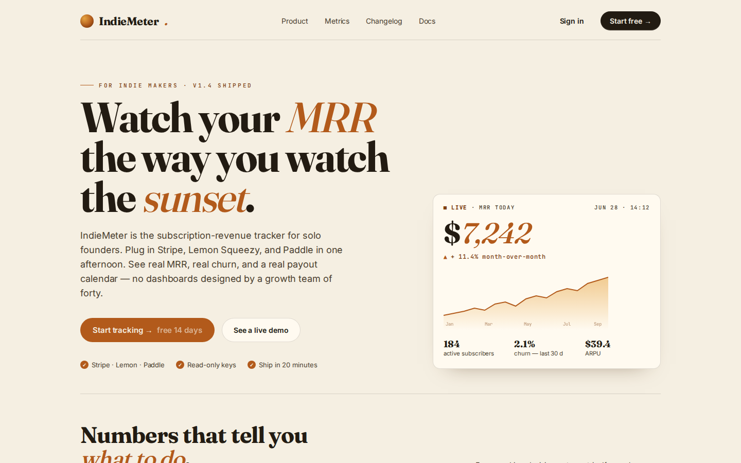 IndieMeter landing page sample from the course