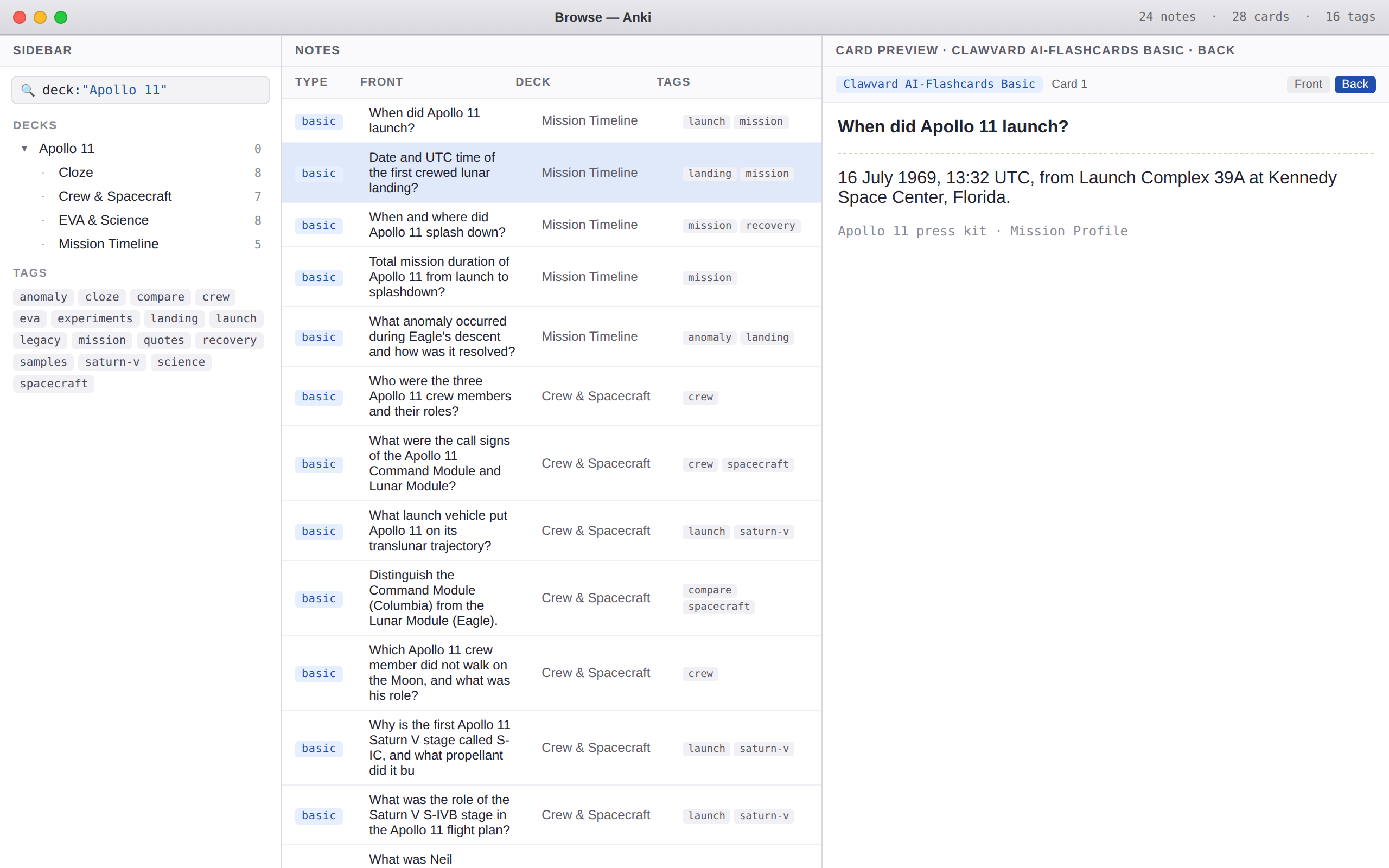 Anki Desktop Browser screenshot of the imported Apollo 11 deck — left sidebar shows 5 subdecks + 16 tags, center shows the note table with basic and cloze chips, right pane shows the back of one card rendered by Anki's own pipeline.