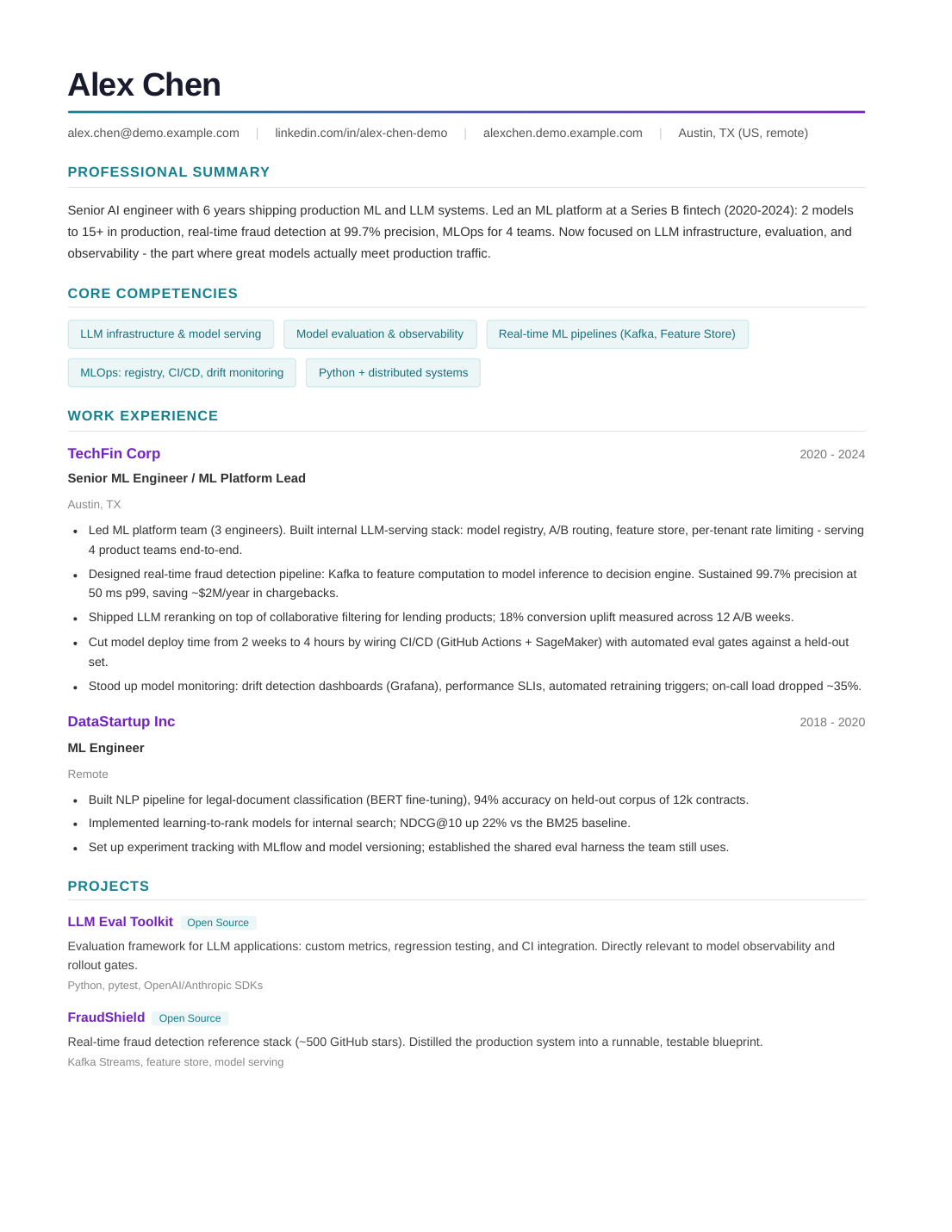 Tailored CV 第 1 页 —— header、summary、core competencies、experience 顶部 bullets