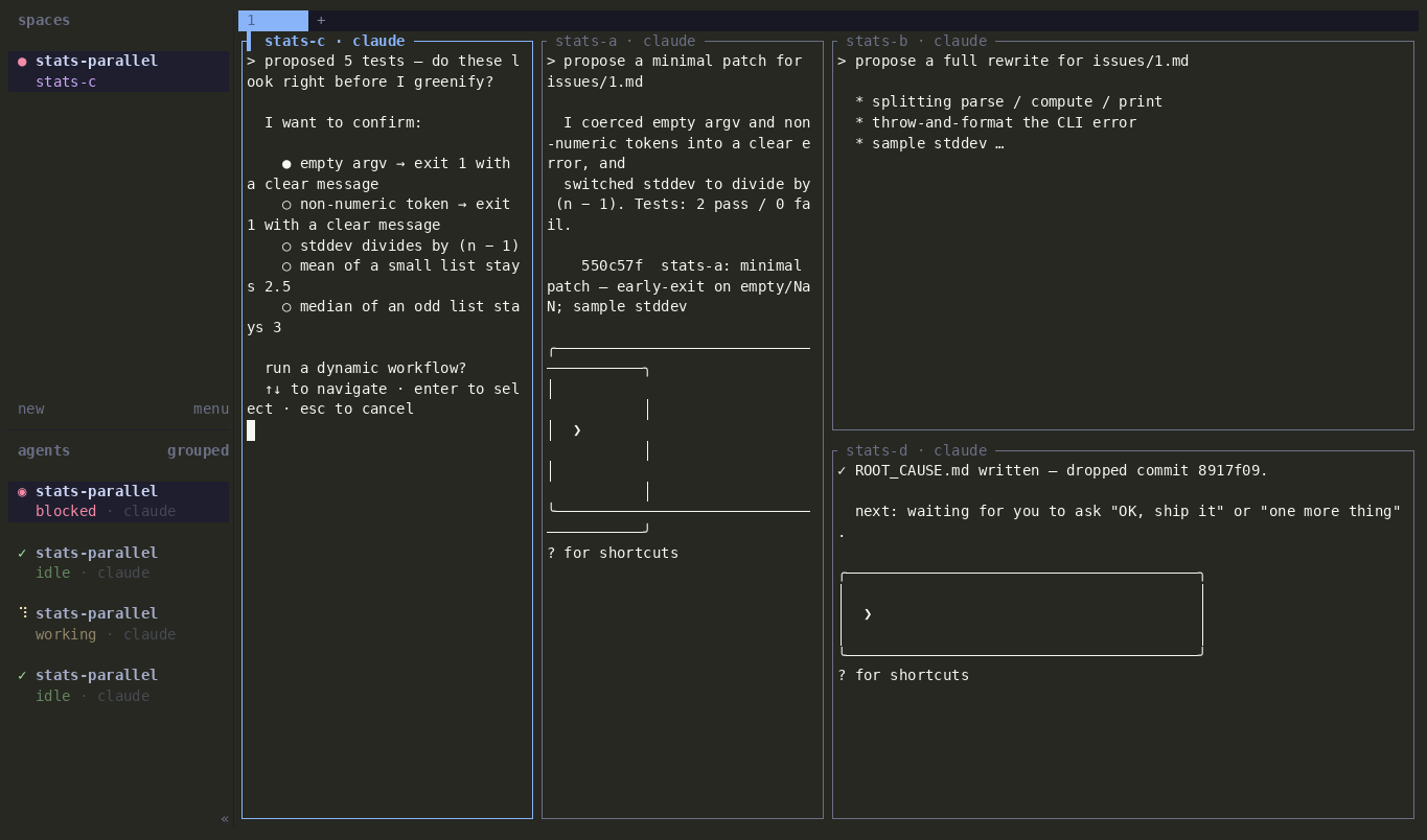 herdr TUI: left sidebar lists four claude agents at working / blocked / idle / idle states; the 2×2 grid on the right shows each pane's own screen.