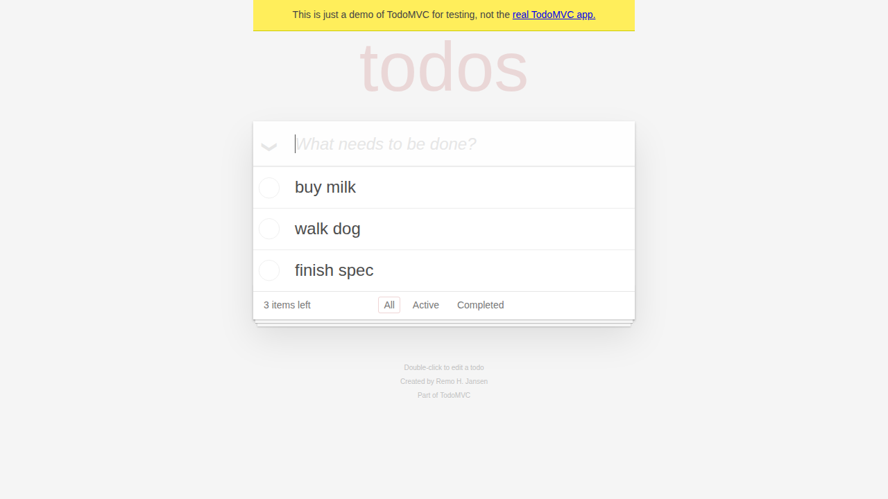 TodoMVC list populated with buy milk, walk dog, finish spec — 3 items left