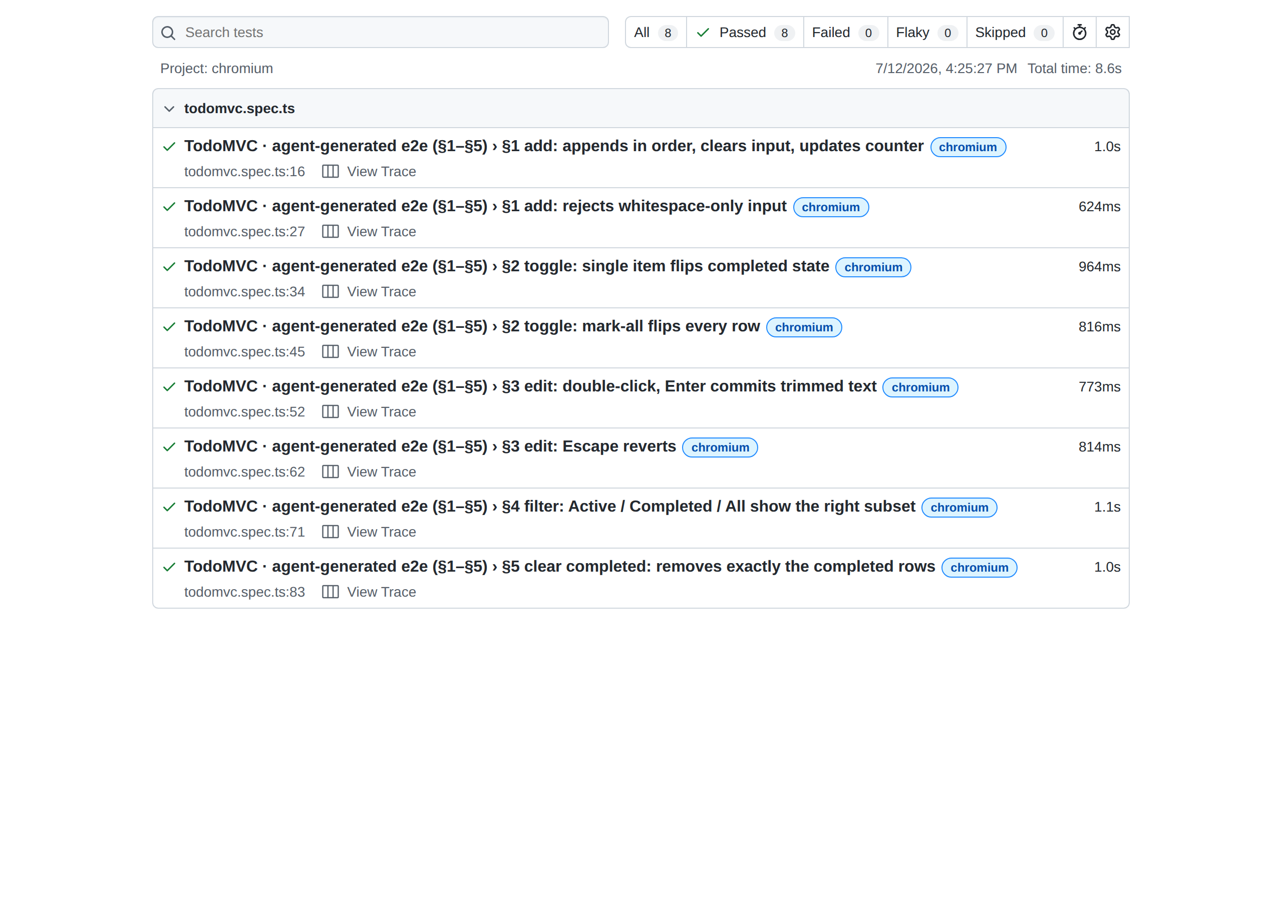 Playwright HTML report showing 8 passed tests across TodoMVC scenarios